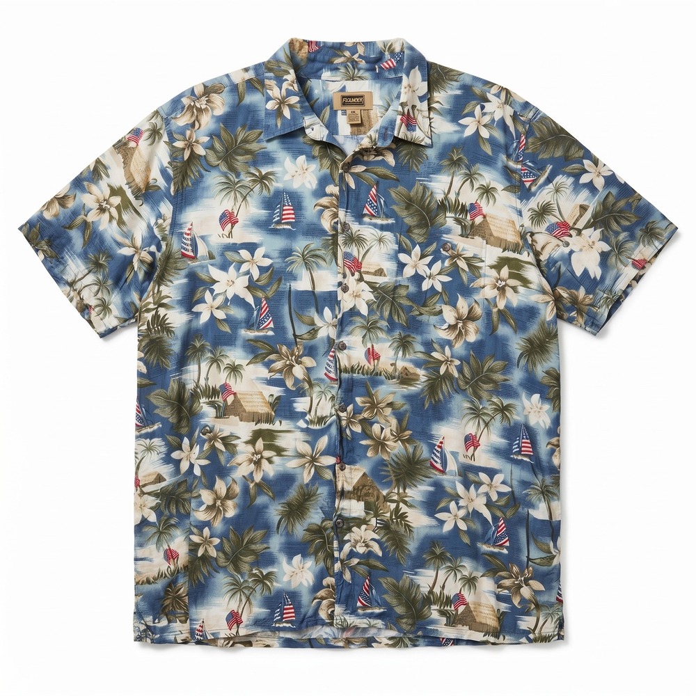 The Foundry Button Down Shirt Mens 3XL Blue Tropical Patriotic Rayon